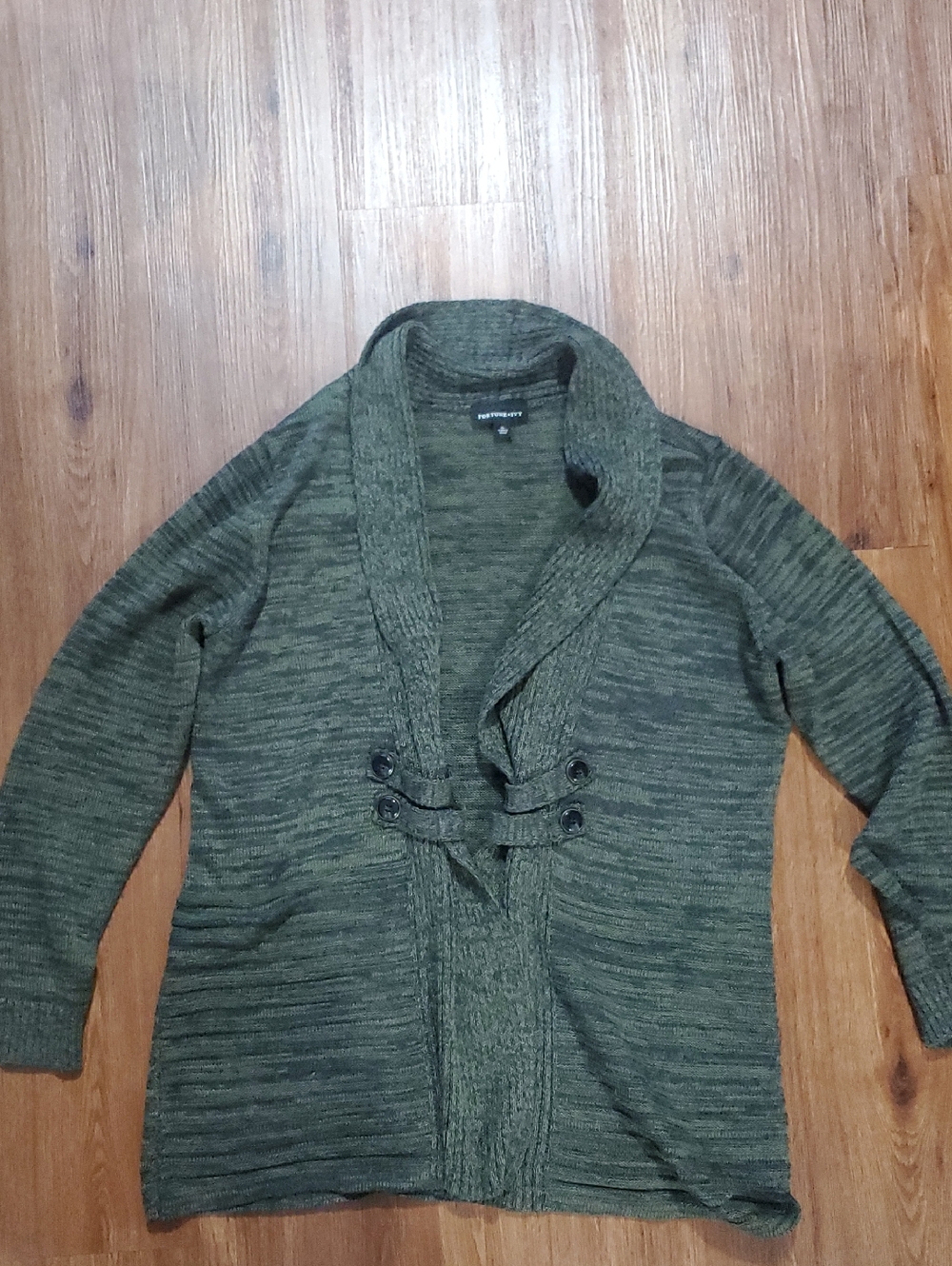 LAST CHANCE Fortune & Ivy Olive Green Shawl Collar Knit Cardigan